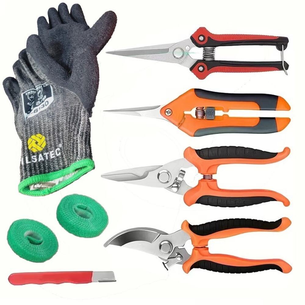 8 Pcs Garden Set. 4 Trimming Scissors, Sharpener, Gloves (M), 2 Plant Tie Rolls